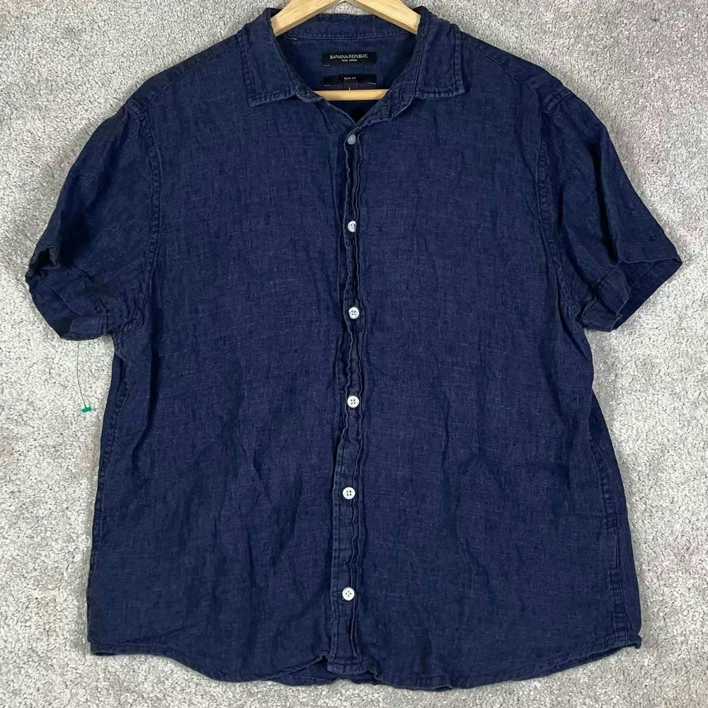 Banana Republic Button Down Shirt Mens Large Navy Blue 100% Linen Slim Fit